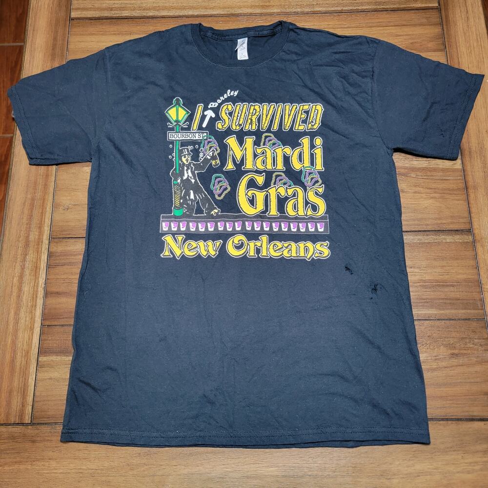 Mardi Gras Black Unisex Tee (Gildan) "I Bareley Survived..." - Size Large